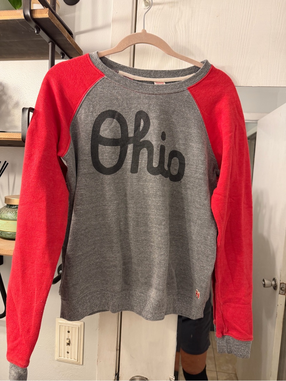 HOMAGE Gray Pullover Sweatshirt with Red Raglan Sleeves - Ohio Script